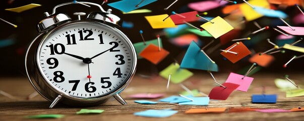 Time Management and Organization Concept with Alarm Clock and Colorful Sticky Notes