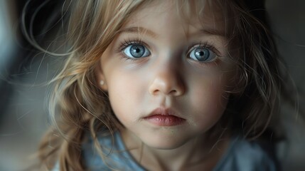 Portrait of adorable little girl looking at camera, AI generated image
