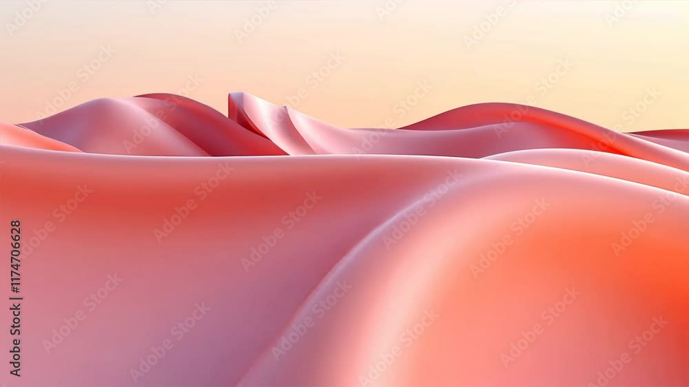 Poster smooth, flowing red hills and undulating forms create serene landscape under soft gradient sky, evok