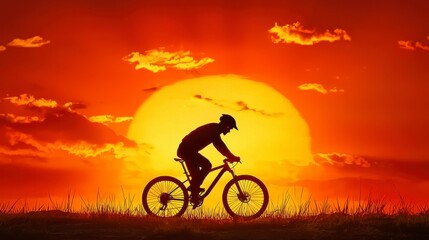 Silhouette of Cyclist Riding Bicycle Against Vibrant Sunset Background