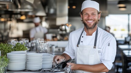Smiling chef washing dishes in professional kitchen