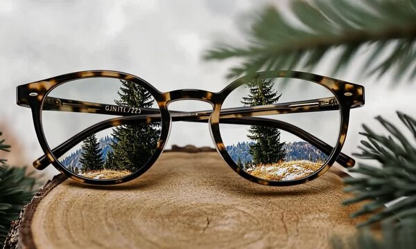 Tortoise-shell glasses reflecting a winter landscape.