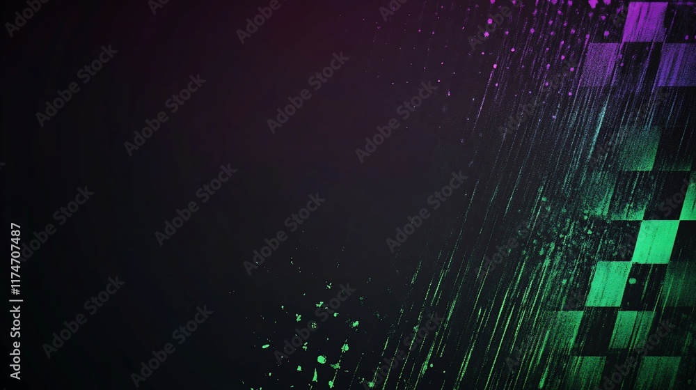 Poster abstract checkered flag design with vibrant digital streaks and textured background.
