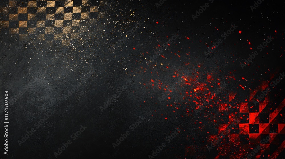 Poster Racing checkered flag background with grunge texture and red sparks.
