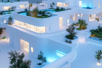 Fototapeta premium A minimalist hospital with smooth white exterior walls, glowing blue accents, and rooftop gardens