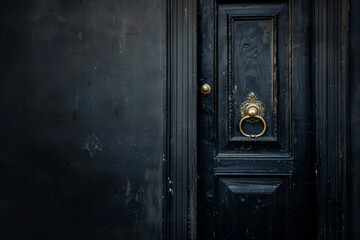 A black door with a gold handle and a brass ring