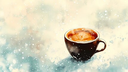 Cozy winter background with steaming coffee mug in snowy setting