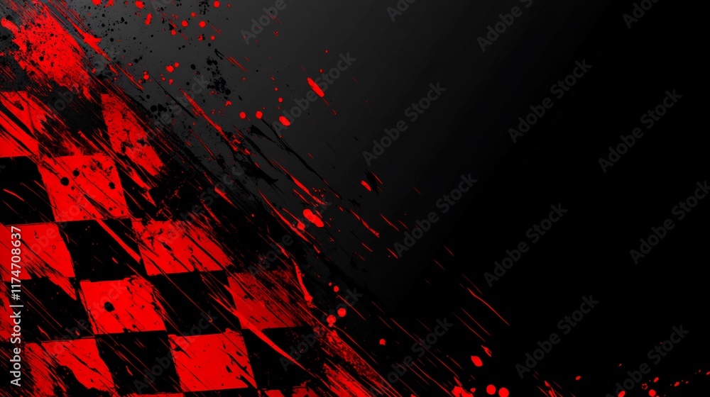 Poster grunge checkered flag background with red and black diagonal streaks.