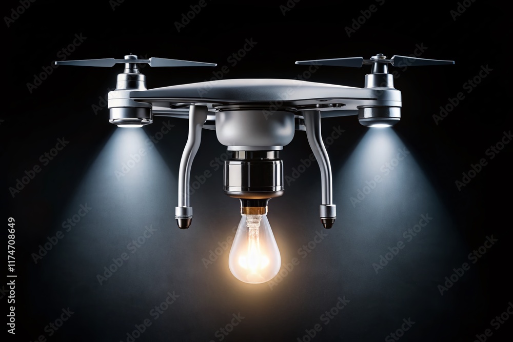 Poster drone view: illuminated led lamp on black - copy space for text & branding