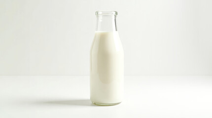 Glass Bottle Filled with Fresh Milk on White Minimal Background for a Clean Look.