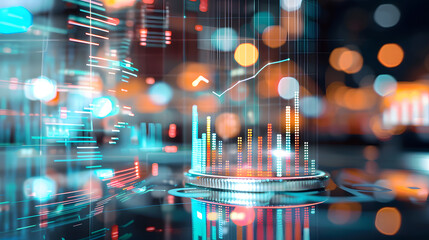 Dynamic visualization of financial data with glowing charts and futuristic technology.