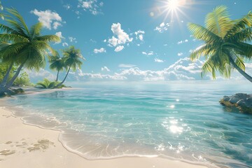 Fototapeta premium Breathtaking Tropical Beach Scene with Crystal Clear Waters and Swaying Palm Trees