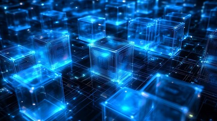 Abstract blockchain data blocks glowing in futuristic holographic light