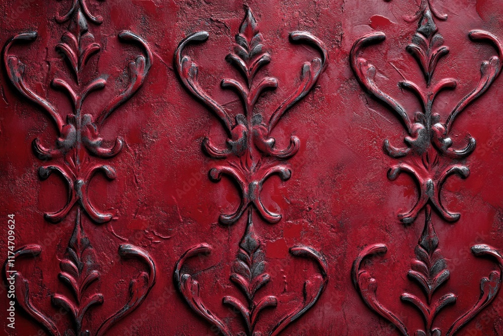 Poster dark red textured wall with embossed damask pattern.