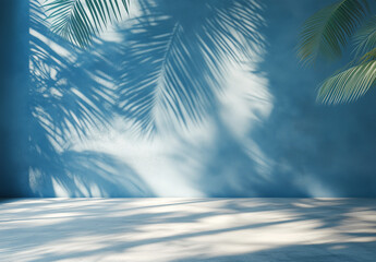 Minimalist Tropical Scene with Palm Leaf Shadows on a Blue Wall and Pastel Floor, Perfect for Summer-Themed Product Display