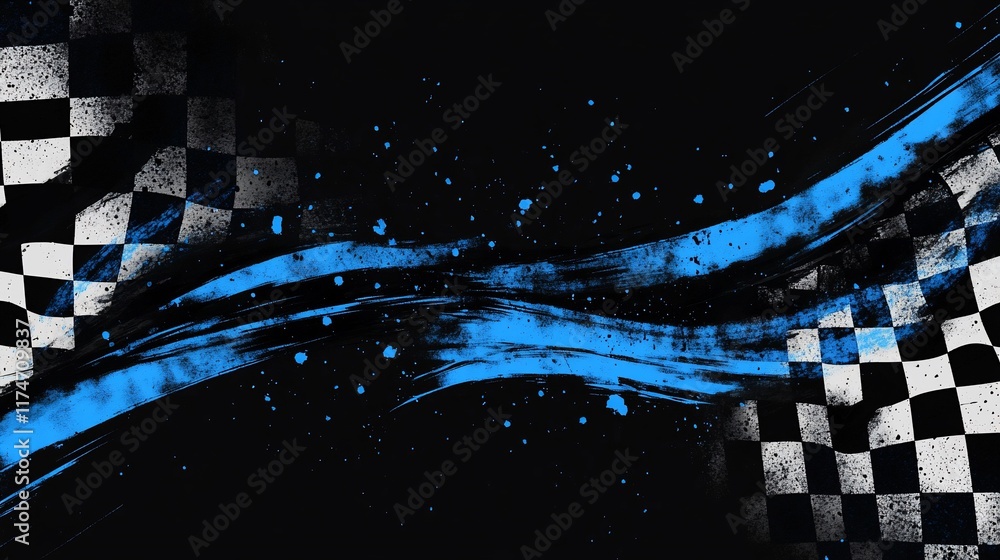 Poster Checkered flag with dynamic blue streaks and splatters on a dark background.