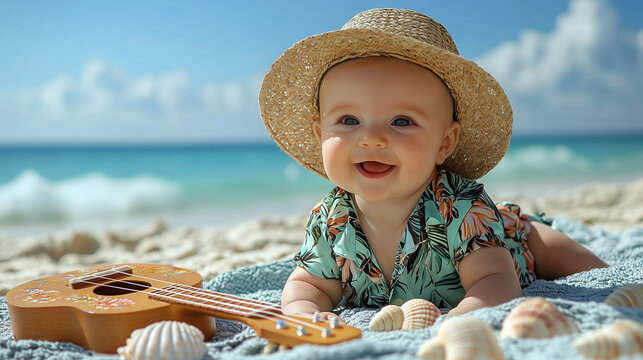 A baby wearing a Hawaiian shirt and straw hat, lying on a blanket by the beach with a toy ukulele and seashells around them. Waves roll gently in the background.