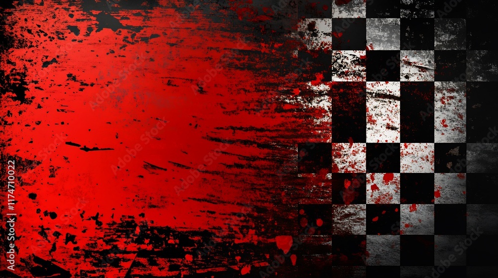 Poster grunge racing flag with red splatters.