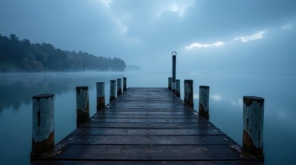 Obraz premium Serene Dawn Misty Lake, Wooden Dock Extending into the Calm Water's Embrace