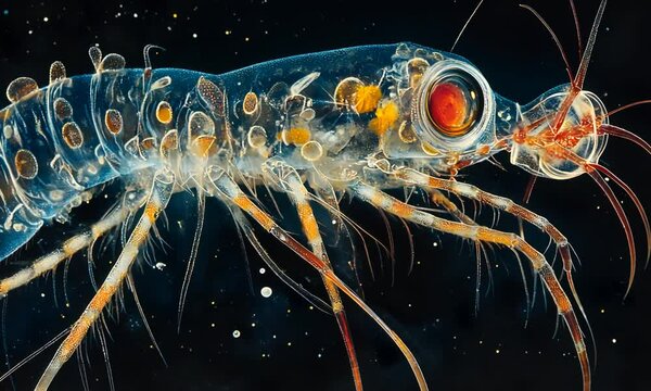 Microscopic Mysid Shrimp: A Transparent Marvel of the Deep Sea. This detailed close-up reveals the intricate beauty and delicate structure of a mysid shrimp, a fascinating creature of the ocean's 