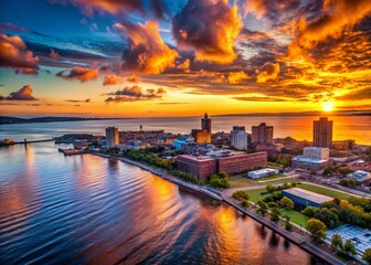 Fototapeta premium Duluth Minnesota Skyline Silhouette Drone Photography - Dramatic Sunset Over Lake Superior