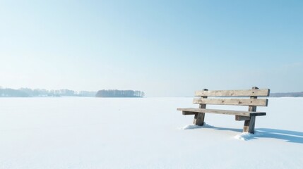 Solitary Wooden Bench on a Frozen Lake Under a Clear Winter Sky