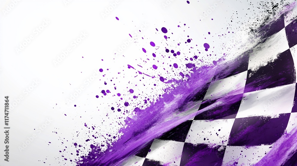Poster checkered racing flag with purple paint splashes.