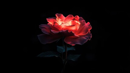 Glowing red rose on black background.