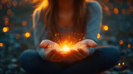 A person holds glowing sparks in their hands, symbolizing magic and wonder.