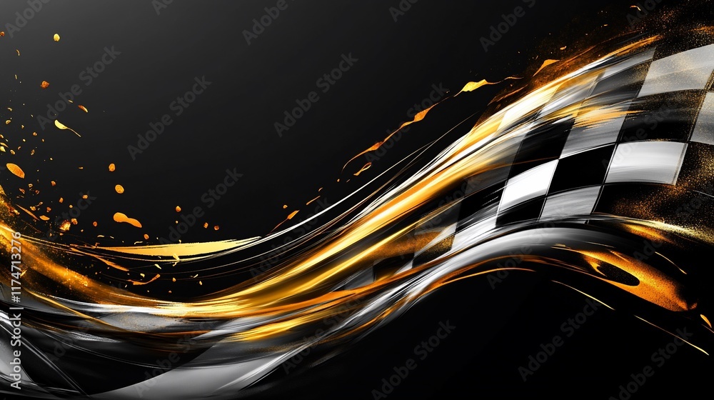 Aufkleber Abstract checkered flag design with dynamic golden waves.