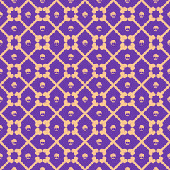 seamless pattern features a purple background with an orange lattice design, incorporating skulls and bones in a symmetrical, gothic, and spooky style