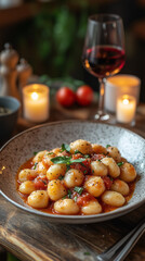 Potato gnocchi with tomato sauce, basil, and parmesan cheese enjoying a romantic dinner