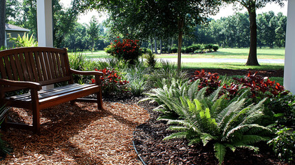 Obraz premium Tranquil Garden Retreat with Wooden Bench