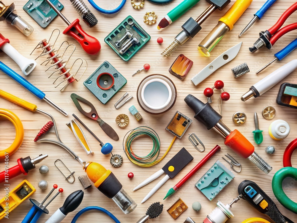 Poster electrical engineering drawings: top-down view of circuit components & tools on a table