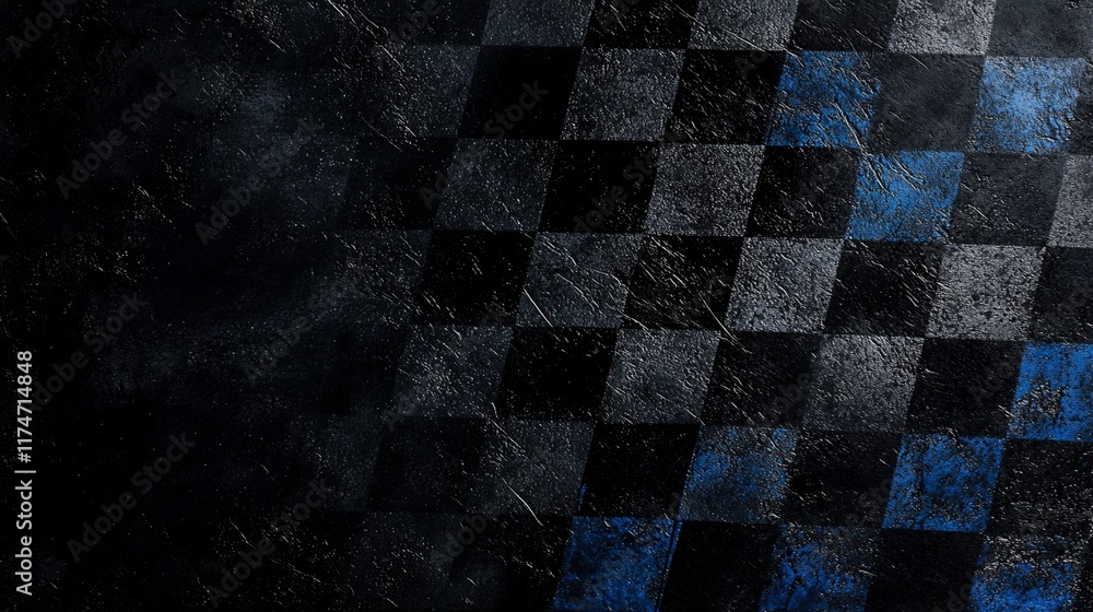 Poster grungy checkered flag, dark background with faded blue diagonal stripes.