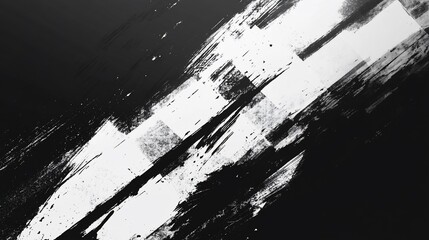 Abstract black and white brush strokes with geometric shapes.