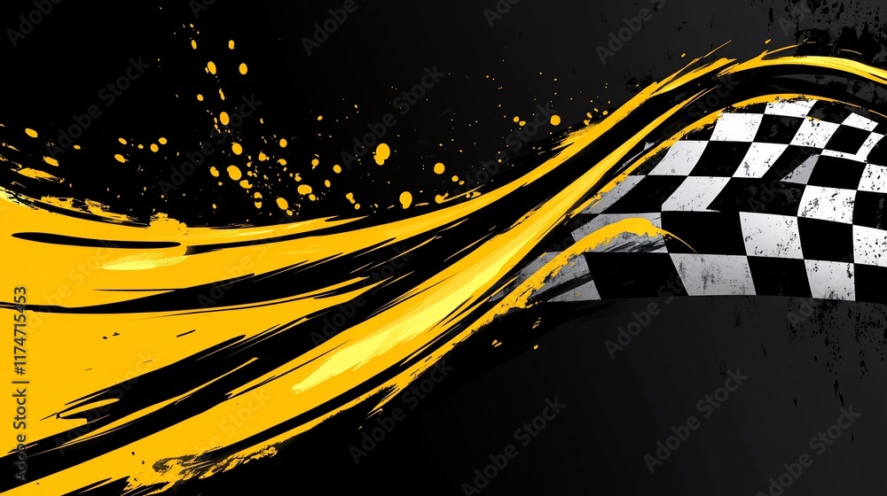 Poster abstract checkered flag graphic with yellow paint splatter.