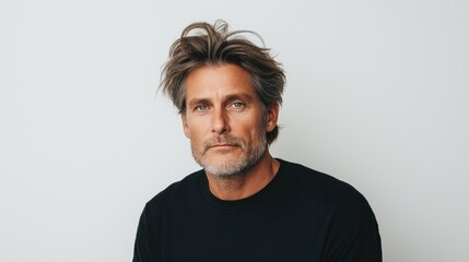 Obraz premium man stands with a relaxed posture, showcasing tousled hair and a well-groomed beard. He wears a simple black shirt, gazing thoughtfully at the camera with a neutral backdrop