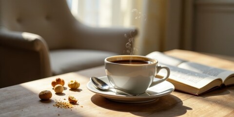A steaming cup of coffee sits on a wooden table next to an open book and small pastries, bathed in sunlight filtering through a nearby window.
