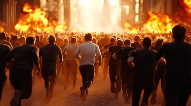 crowd of individuals is sprinting away from a fiery explosion in the city, engulfed in smoke and chaos, showcasing a desperate flight from danger in a dramatic setting