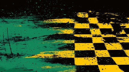 Abstract grunge checkered flag design with teal and yellow colors.