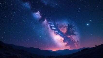 Naklejka premium Serene Night Sky Above a Mountain Range, Illuminated by a Vivid Milky Way Galaxy Displaying Cosmic Dust and Star Clusters