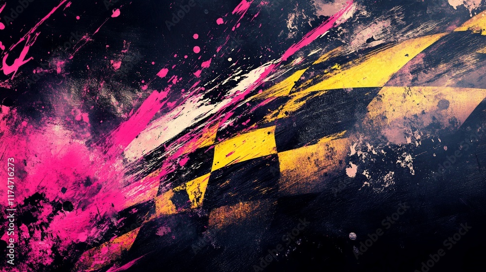 Poster abstract checkered flag with vibrant splashes of pink and yellow.