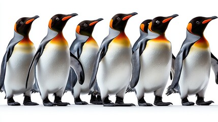 Obraz premium Seven king penguins standing in a row against a white background.