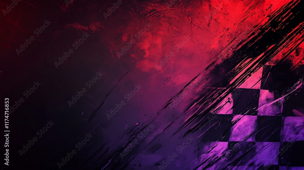 Poster Abstract checkered flag background with vibrant colors and paint strokes.