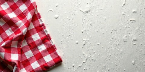 Fototapeta premium Red and white checkered tablecloth on a textured white background, perfect for a food blog or recipe display