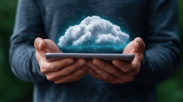 person stands outdoors holding a tablet displaying a digital cloud formation. background features lush greenery, enhancing the modern technology and nature contrast in daylight - Powered by Adobe