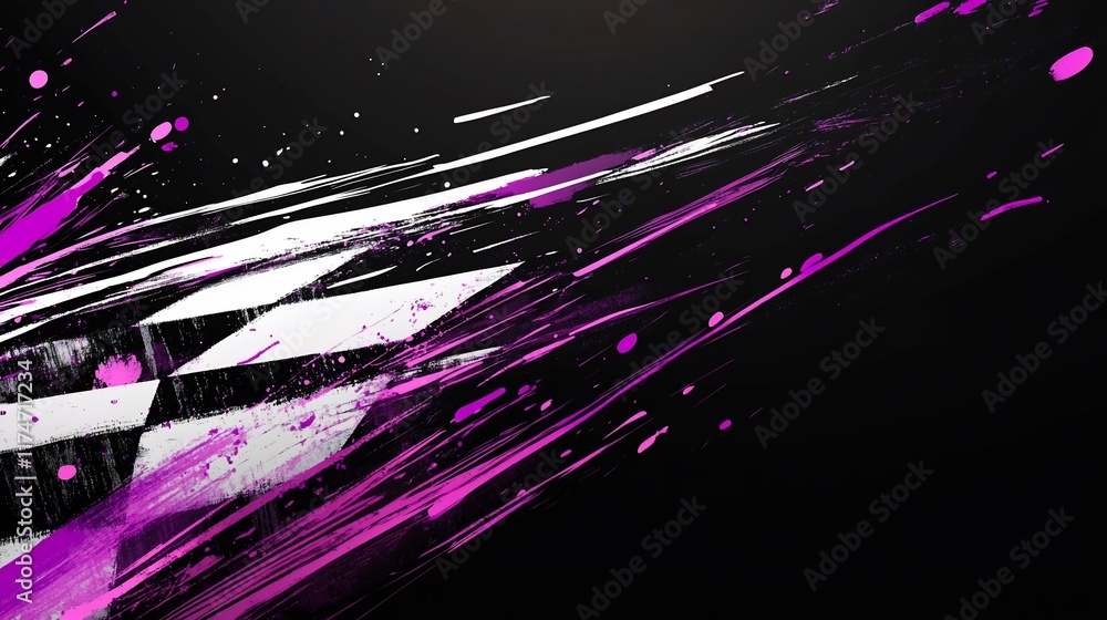 Poster abstract checkered flag with vibrant pink splashes, dynamic motion design.
