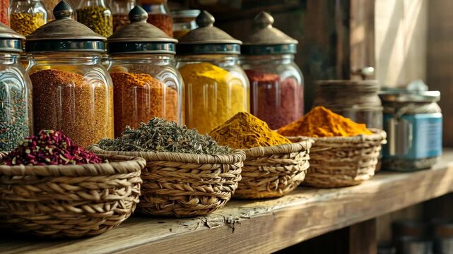 Aromatic Spices and Herbs in Glass Jars and Baskets on Wooden Shelf