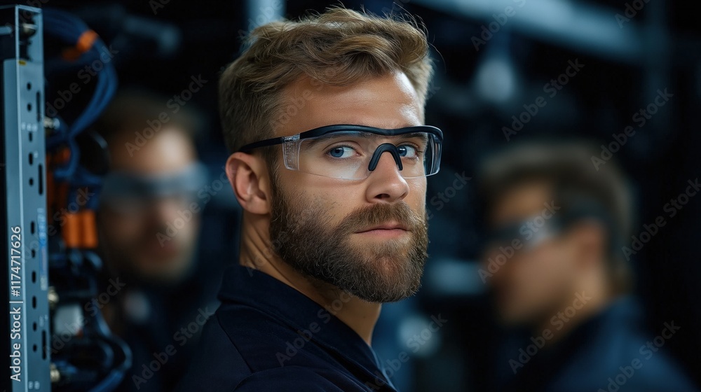 Poster young man with a beard wears safety glasses while working in a technology lab. he is surrounded by c